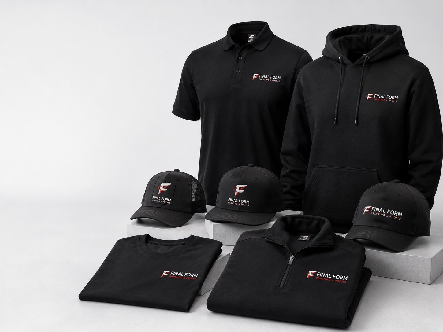 Embroidered polos, hoodies, hats and branded apparel lineup