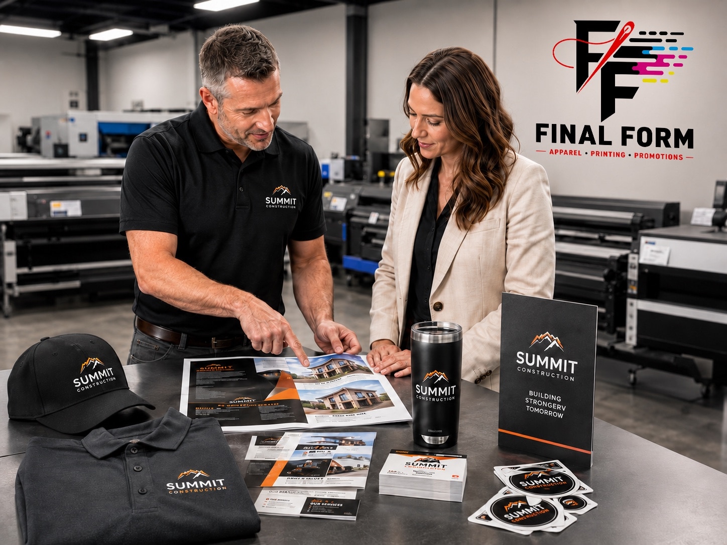 Final Form team reviewing branded print materials and apparel with a client in the studio