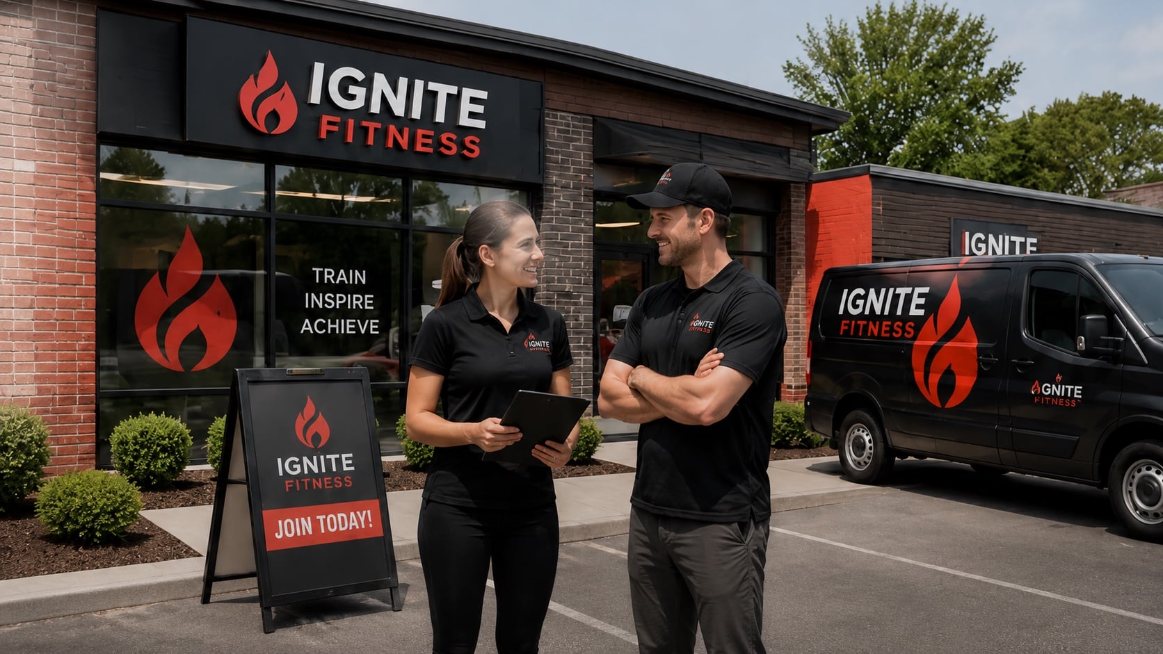 Ignite Fitness storefront with branded sign, A-frame and wrapped van by Final Form