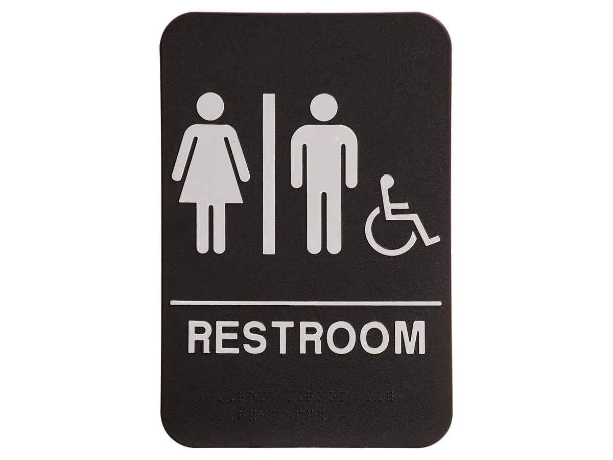 ADA restroom sign with raised text and braille