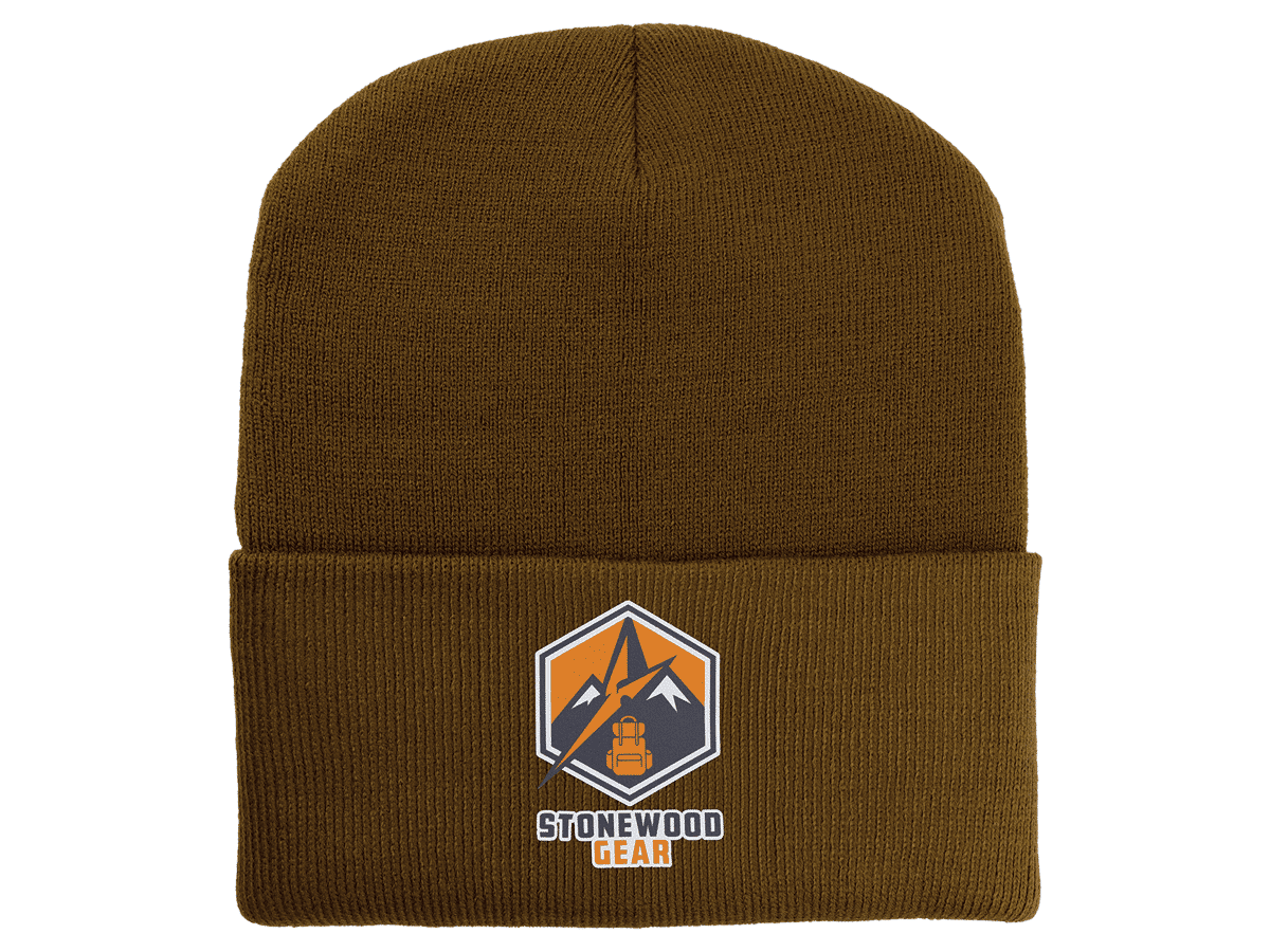 Earth brown beanie with leatherette patch