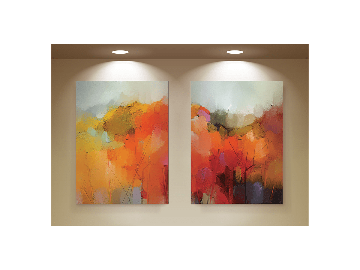 Two stretched canvas prints displayed on a wall