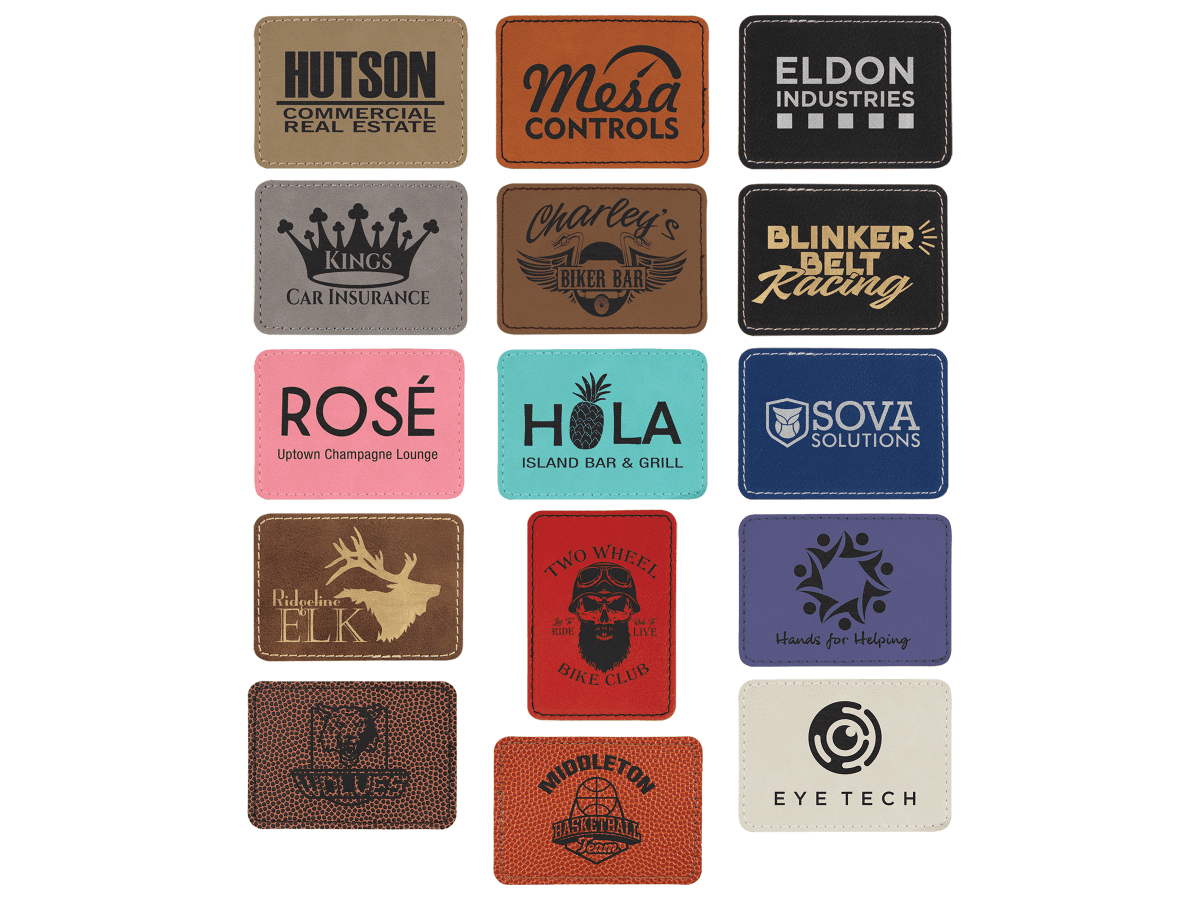 Assorted laser-engraved leatherette patches