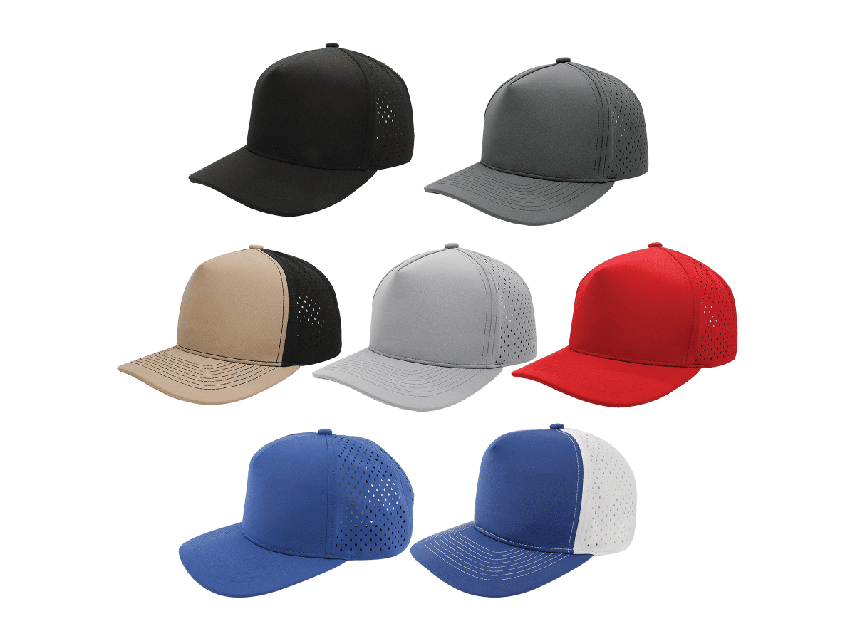 5-panel performance hats in assorted colors