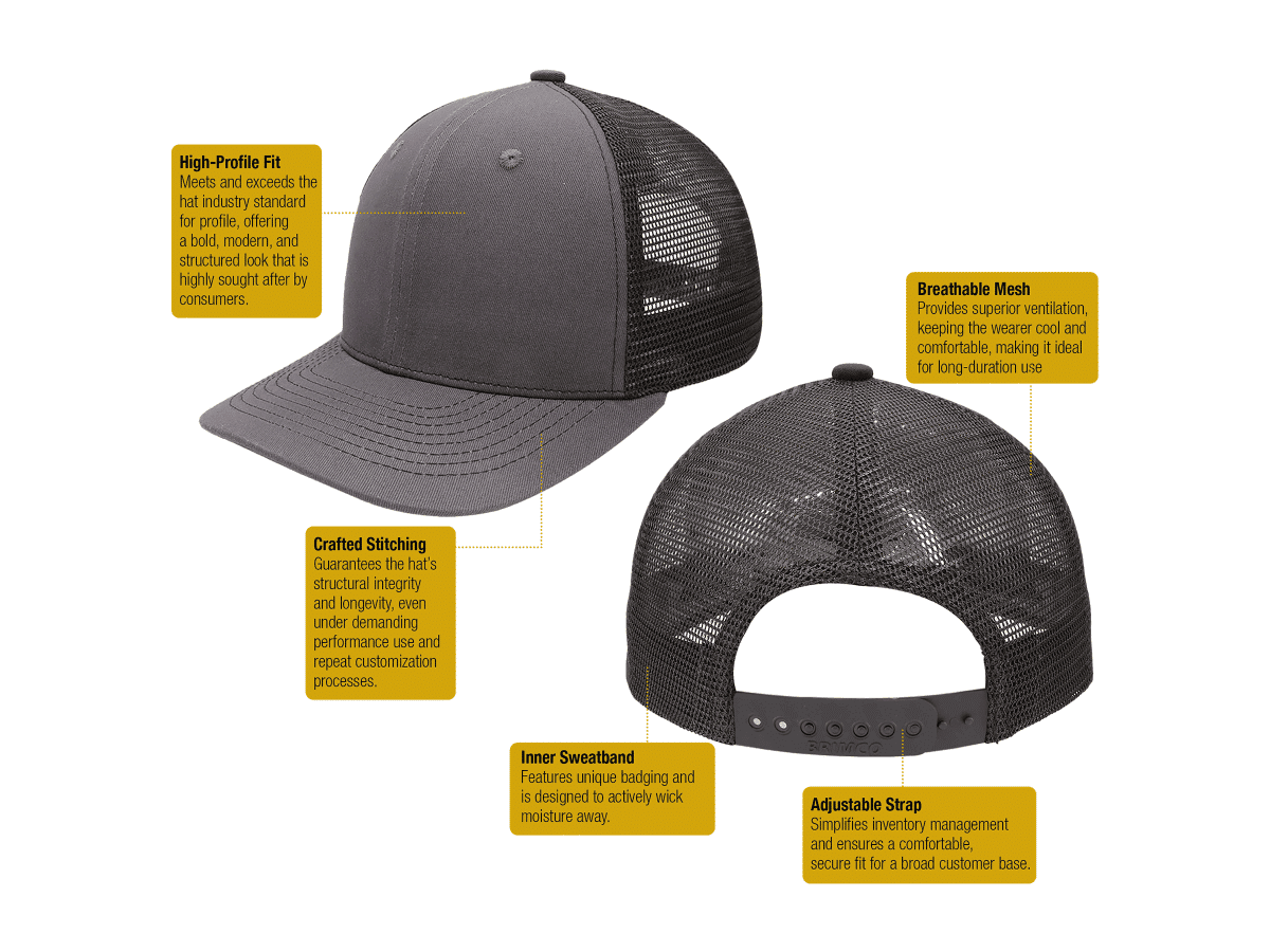 Charcoal trucker hat with laser-engraved leatherette patches